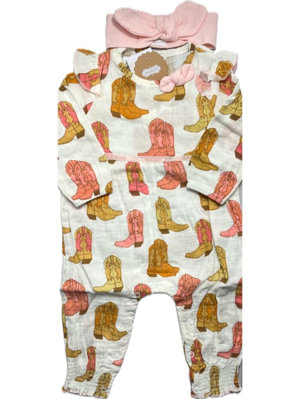 Mud Pie Cowgirl boot gauze romper headband SET 3-6m NWT pink tan western country